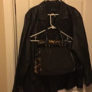 Black leather coat,purse an umbrella